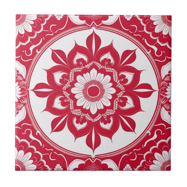 Carreau Bold Red Floral Mandala Tile (Devant)