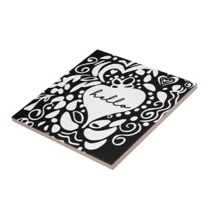 Carreau "Bonjour" Noir & Blanc, coeurs, motif feuille