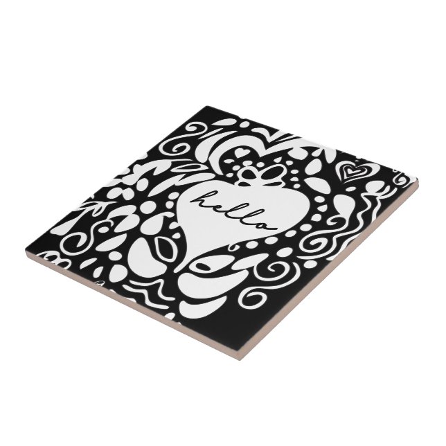 Carreau "Bonjour" Noir & Blanc, coeurs, motif feuille (Côté)