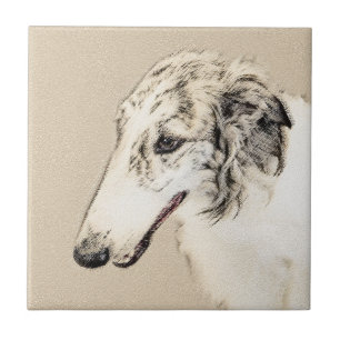 Carreau Borzoi (Argent Brindle) Peinture Chien Art origina