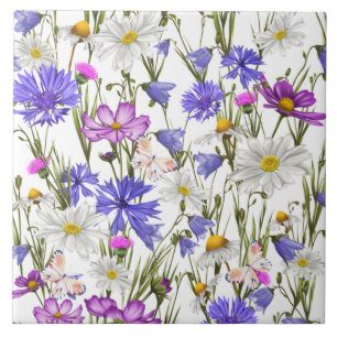Carreau Botanique Fleur sauvage blanche, bleue et violette