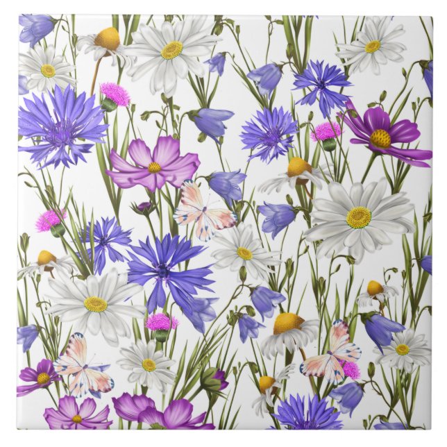 Carreau Botanique Fleur sauvage blanche, bleue et violette (Devant)