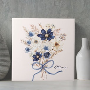 Carreau Bouquet de fleurs bleu marine aquarelle personnali