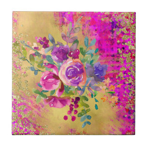 Carreau Bouquet de fleurs d'aquarelle sur framboise rose