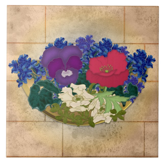 Carreau Bouquet de fleurs de gemtone sur mosaïque de briqu (Devant)