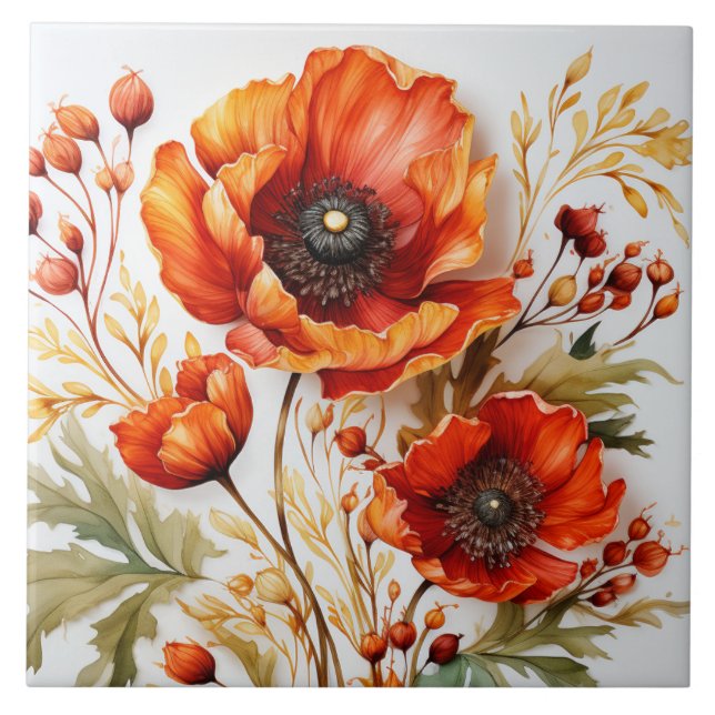 Carreau bouquet de pavot à aquarelle fleur sauvage (Devant)