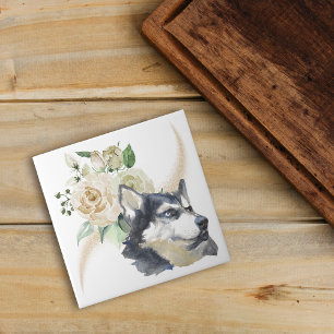 Carreau Bouquet de rose blanche Chien sibérien Husky