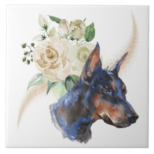 Carreau Bouquet de rose blanche Doberman Pinscher Chien