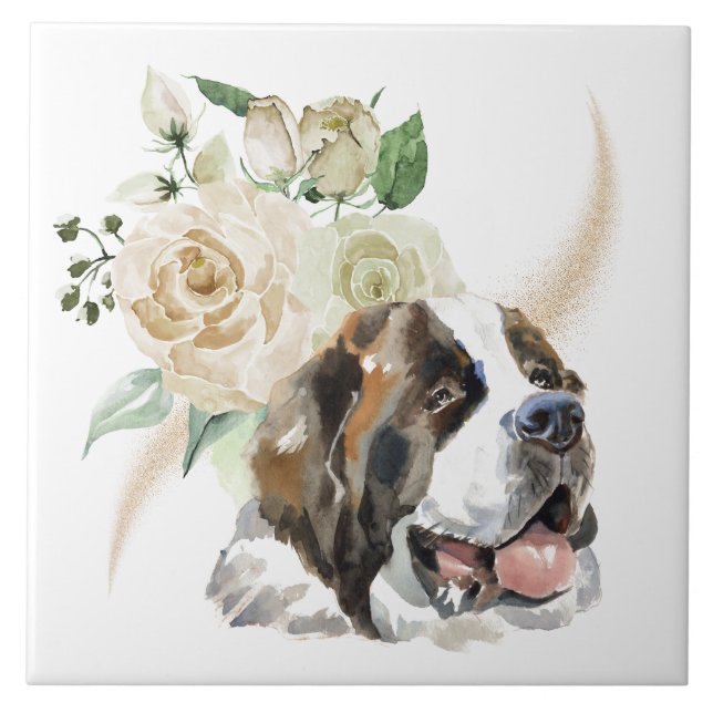 Carreau Bouquet de rose blanche Saint Bernard Chien (Devant)