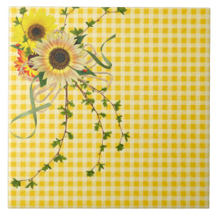 Carreau bouquet de tournesol sur en vichy jaune