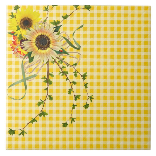 Carreau bouquet de tournesol sur en vichy jaune (Devant)