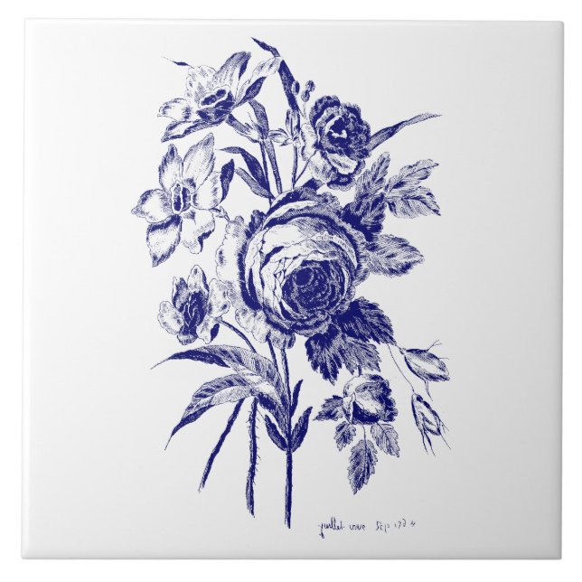 Carreau Bouquet floral Rose Art botanique Bleu et blanc (Devant)