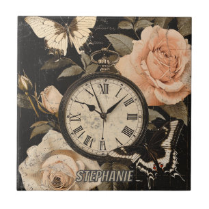 Carreau Boussole Vintage Papillon Floral Marron