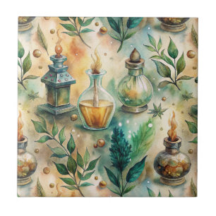 Carreau Bouteilles de potion antiques vert ambre botanique
