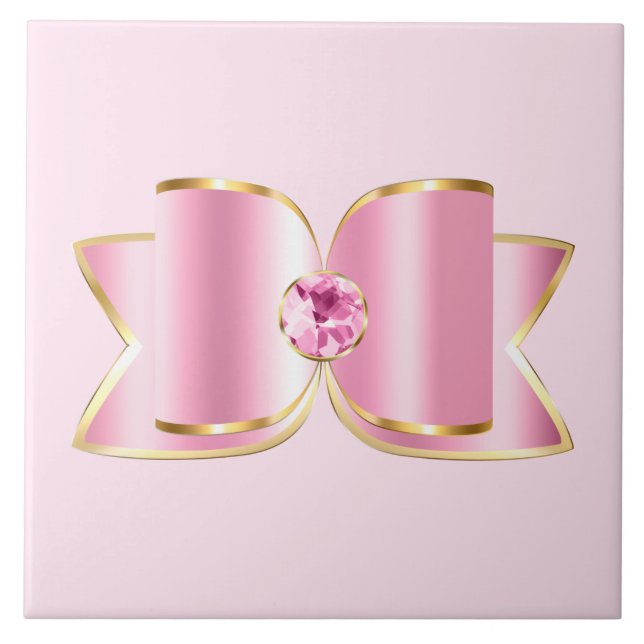Carreau Bow en verre rose avec pierre centrale (Devant)
