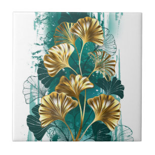 Carreau Branche avec Feuilles d'or Ginko Biloba