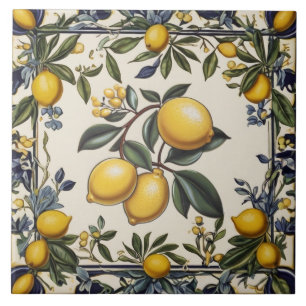 Carreau Branche de citron espagnol citrons feuilles bleu e