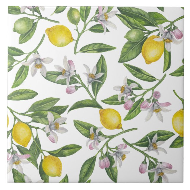 Carreau Branches de citron avec fleurs et fruits sur blanc (Devant)