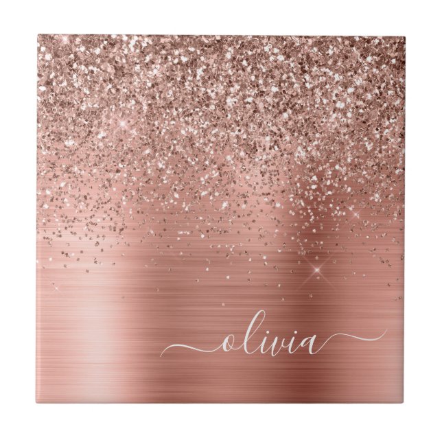 Carreau Brushed metal rose Gold Pink Glitter Monogram (Devant)