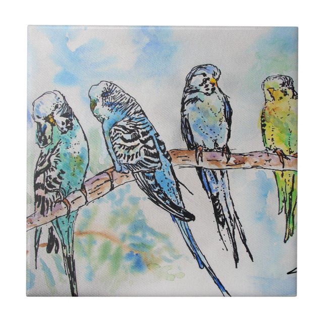 Carreau Budgie Aquarelle Peinture Oiseaux Oiseaux Whimsica (Devant)