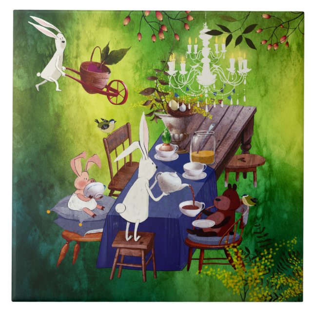 Carreau Bunny Spring Party dans la forêt-animal Illustrati (Devant)