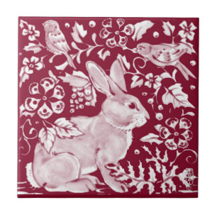 Carreau Burgundy Lapin Bunny Birds Floral Dedham Delft
