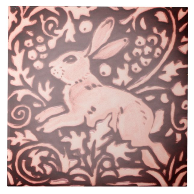 Carreau Burgundy Lapin Rose Feuillage Floral Bois Décor (Devant)