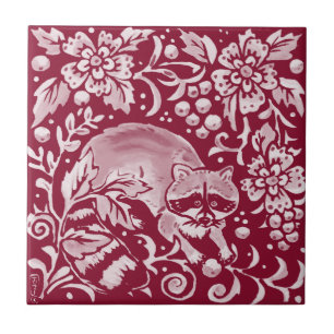 Carreau Burgundy Raccoon Forêt forestière Animaux Floraux