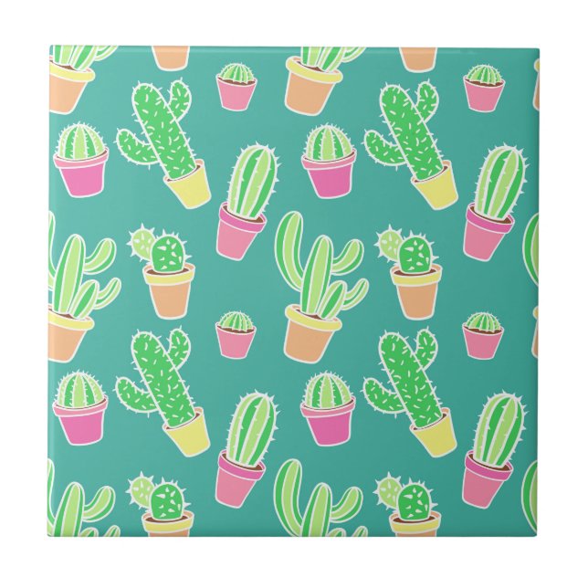 Carreau Cactus D'Aquarelle De Neon Dans Les Motifs De Pots (Devant)