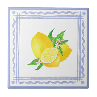 Carreau Cadre bleu méditerranéen et aquarelle citrons