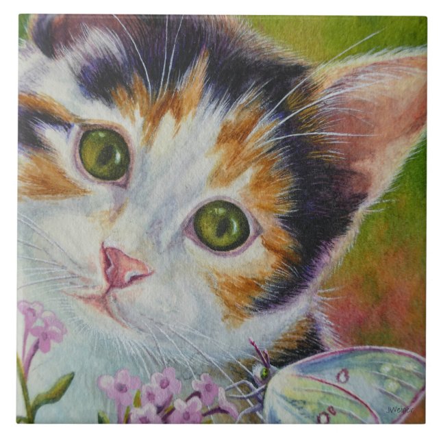 Carreau Calico Kitten & Sulphur Papillon Aquarelle Art (Devant)
