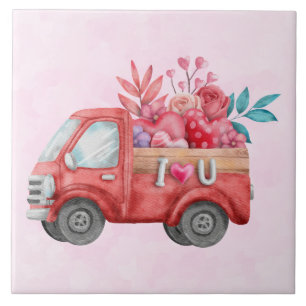 Carreau Camion d'amour mignon avec Coeur Cargo Aquarelle
