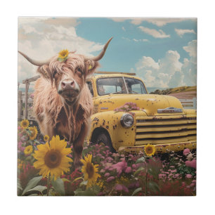 Carreau Camion Jaune Vintage Vache Highland Tournesols