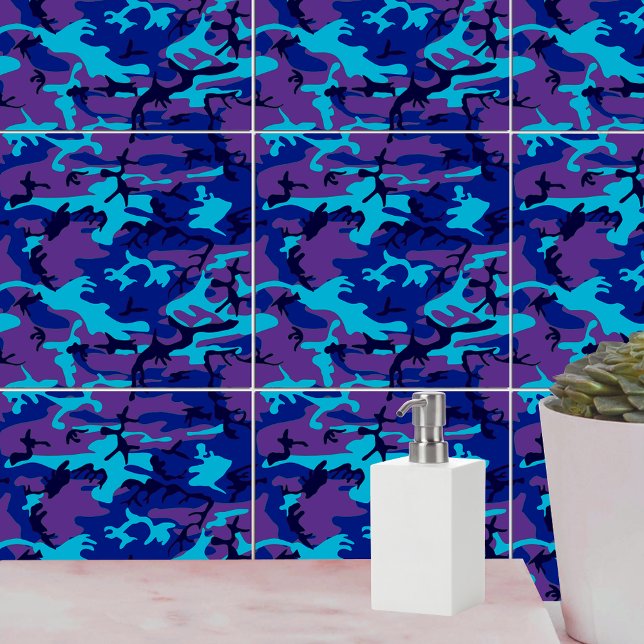 Carreau Camouflage bleu foncé et Motif violet (Camouflage Dark Blue & Purple Pattern Ceramic Tile)