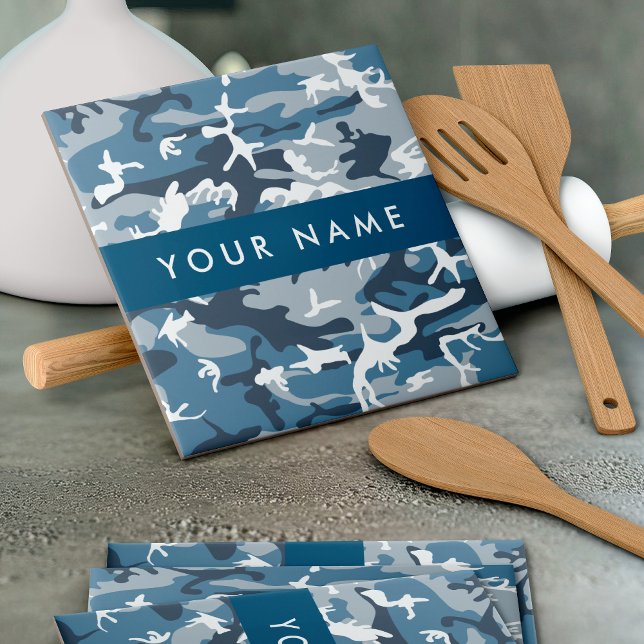 Carreau Camouflage bleu neige d'hiver Votre nom Personnali (Créateur téléchargé)