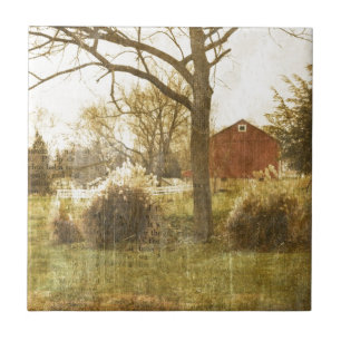 Carreau Campagne primitive Arbre Ferme Cabine rouge dans l