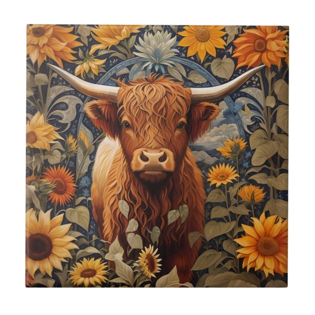 Carreau Campagne rustique Highland Cow Sunflowers (Devant)