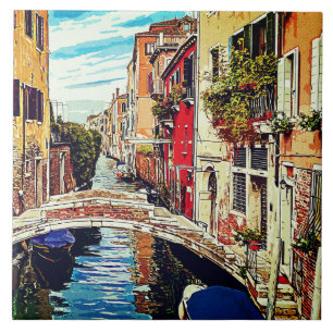 Carreau Canal vénitien avec maisons et pont. Italie.