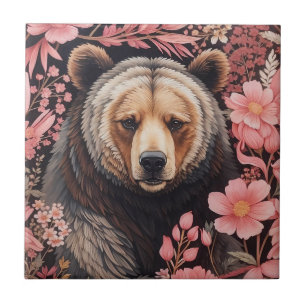 Carreau Captivant Brown Ours Gaze Fleurs roses