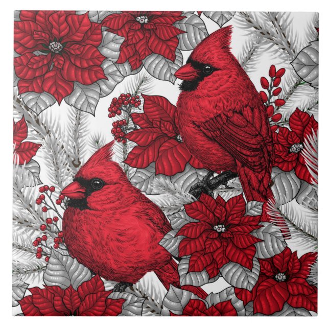 Carreau Cardinaux et poinsettia en rouge et blanc (Devant)