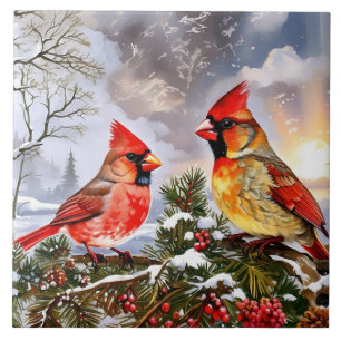 Carreau Cardinaux rouges avec des baies sauvages Paysage h