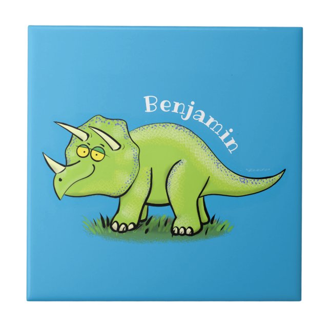 Carreau Caricature de dinosaure de triceratops vert mignon (Devant)