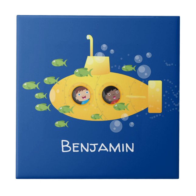 Carreau Caricature de poisson sous-marin jaune mignon (Devant)