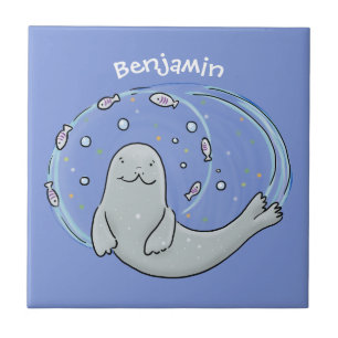 Carreau Caricature joyeux de phoque et de poisson bleu