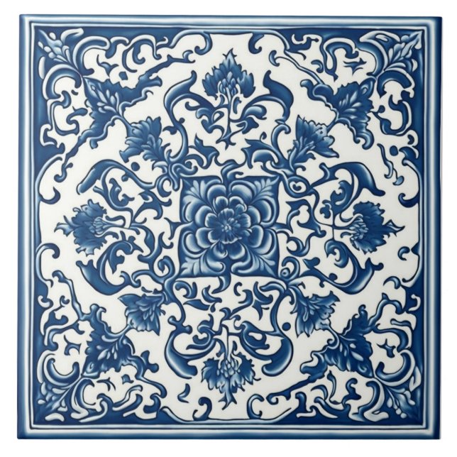 Carreau Carrelage bleu & blanc classique, Floral, Art chin (Devant)