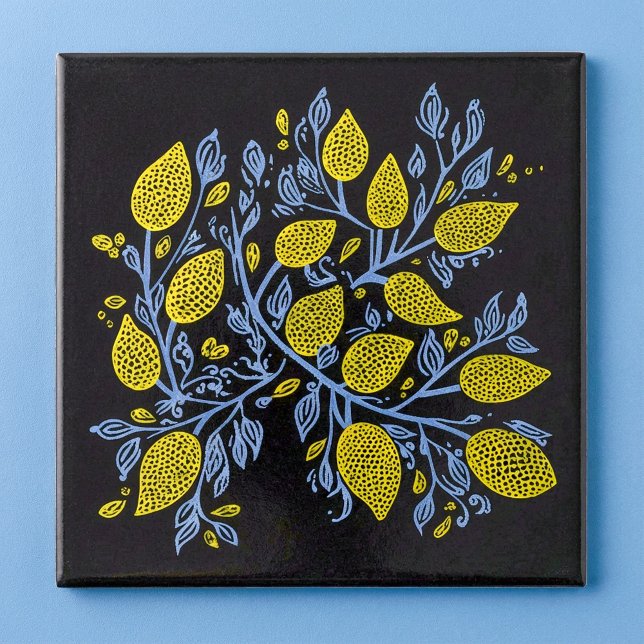 Carreau Carrelage de vignes de citron jaune, bleu et noir (Yellow, blue and black lemon vines tile)