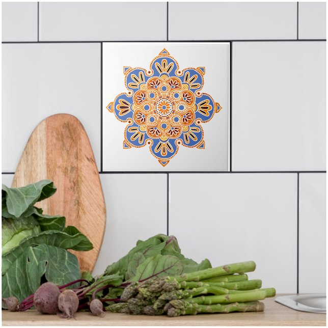 Carreau Carrelage décoratif Médaillon orange et bleu (Blue and orange medallion tile for kitchen bath or fireplace.)