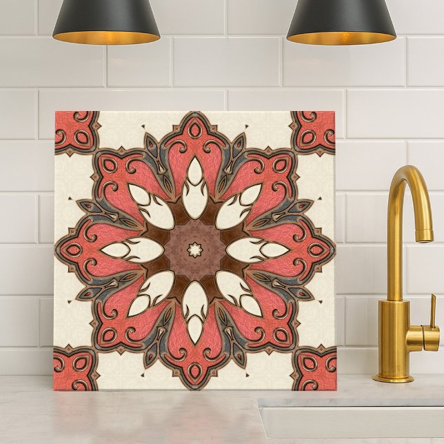Carreau Carrelage design floral moderne chic (Metallic design tile featuring a geometric floral pattern inspired by Italian Mediterranean art)