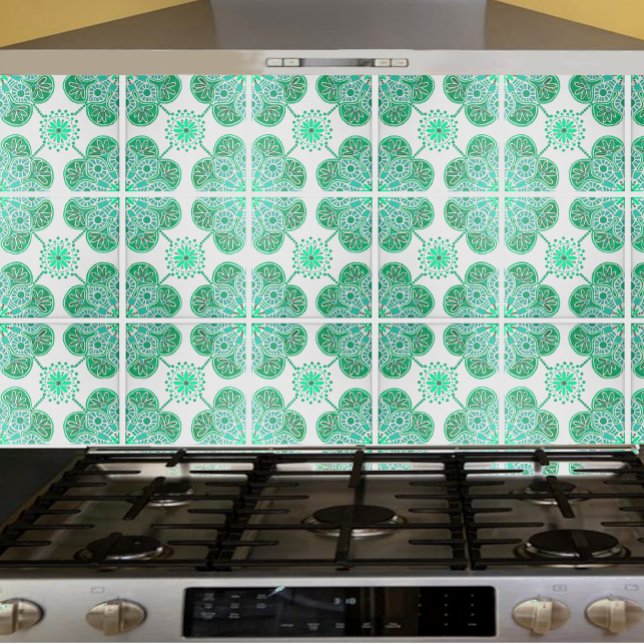 Carreau Carrelage en céramique avec motif vert extensible (Green and white repeating pattern tile shown on a kitchen backsplash.)