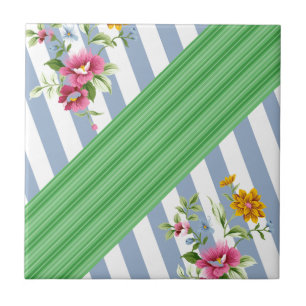 Carreau Carrelage en céramique Bleu Stripe Floral